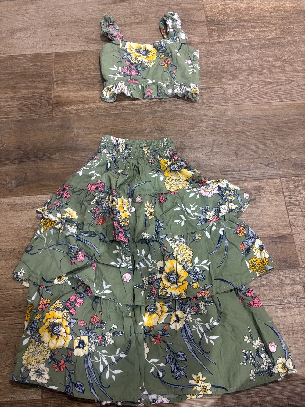 Nau Olive Floral Two-Piece Crop Top & Tiered Skirt Set